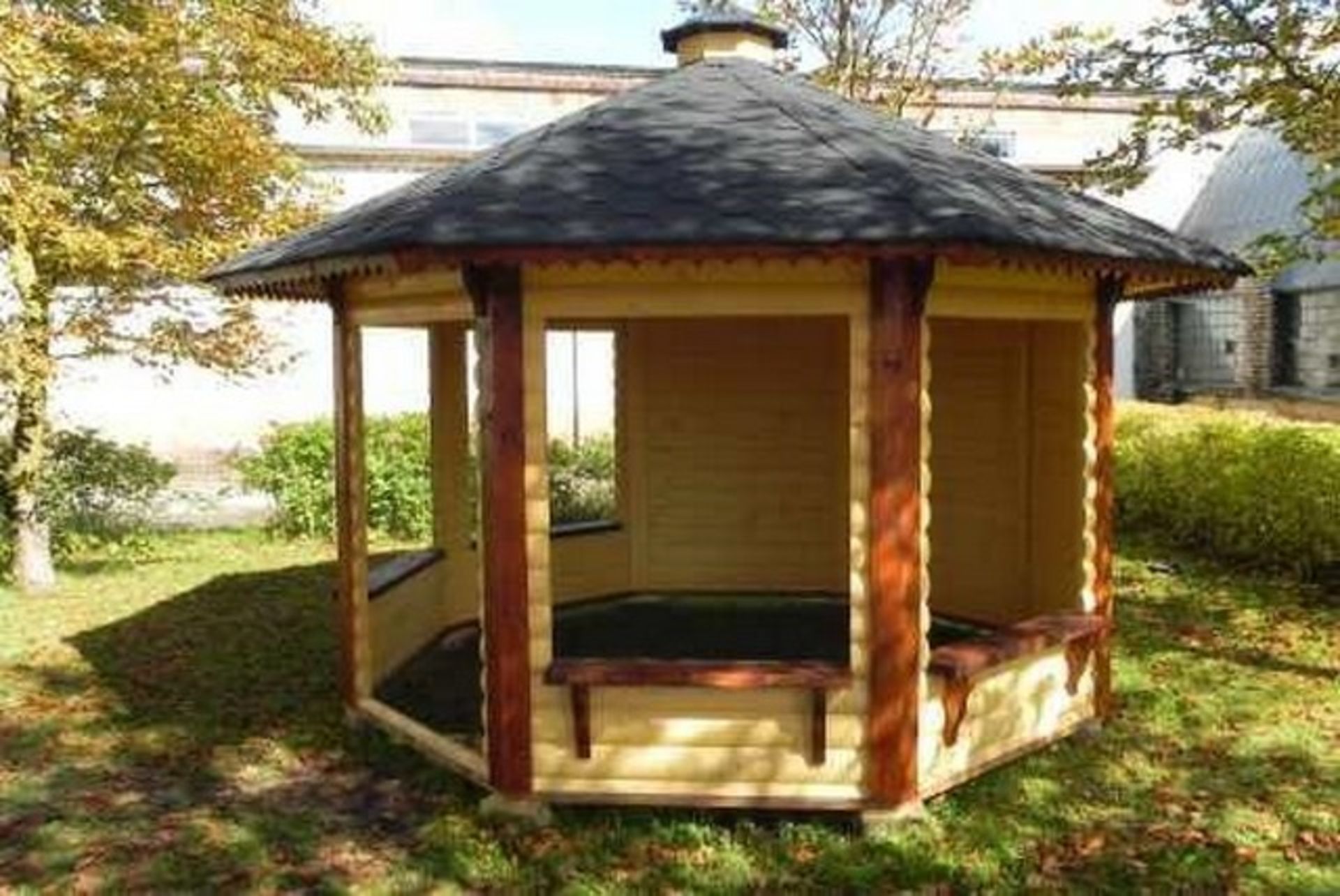 V Brand New Eight Corner 9.9m sq Spruce Open Pavilion/Gazebo - 3 Open Walls and 4 Closed Walls -