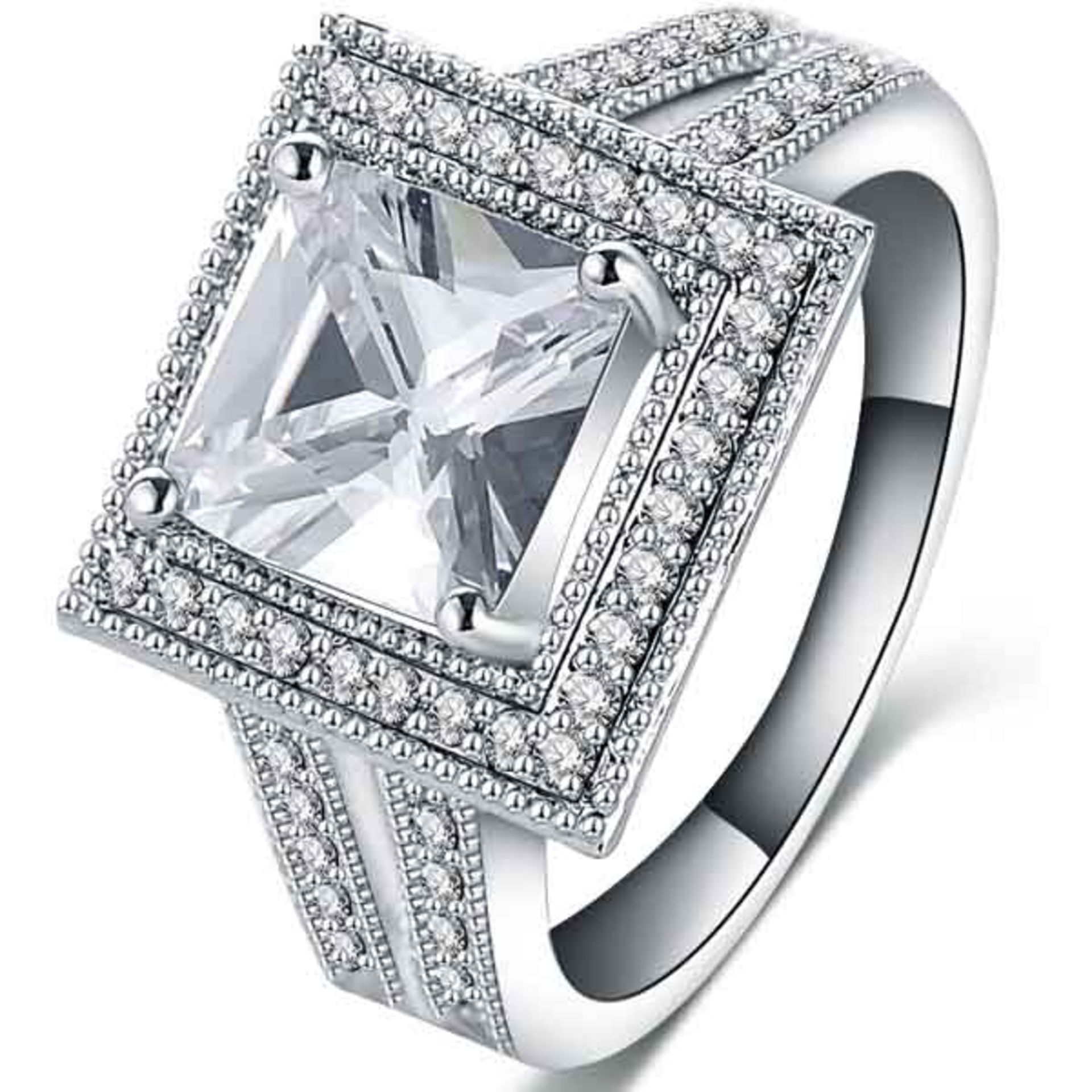 V Brand New Platinum Plated Square White Stone Ring