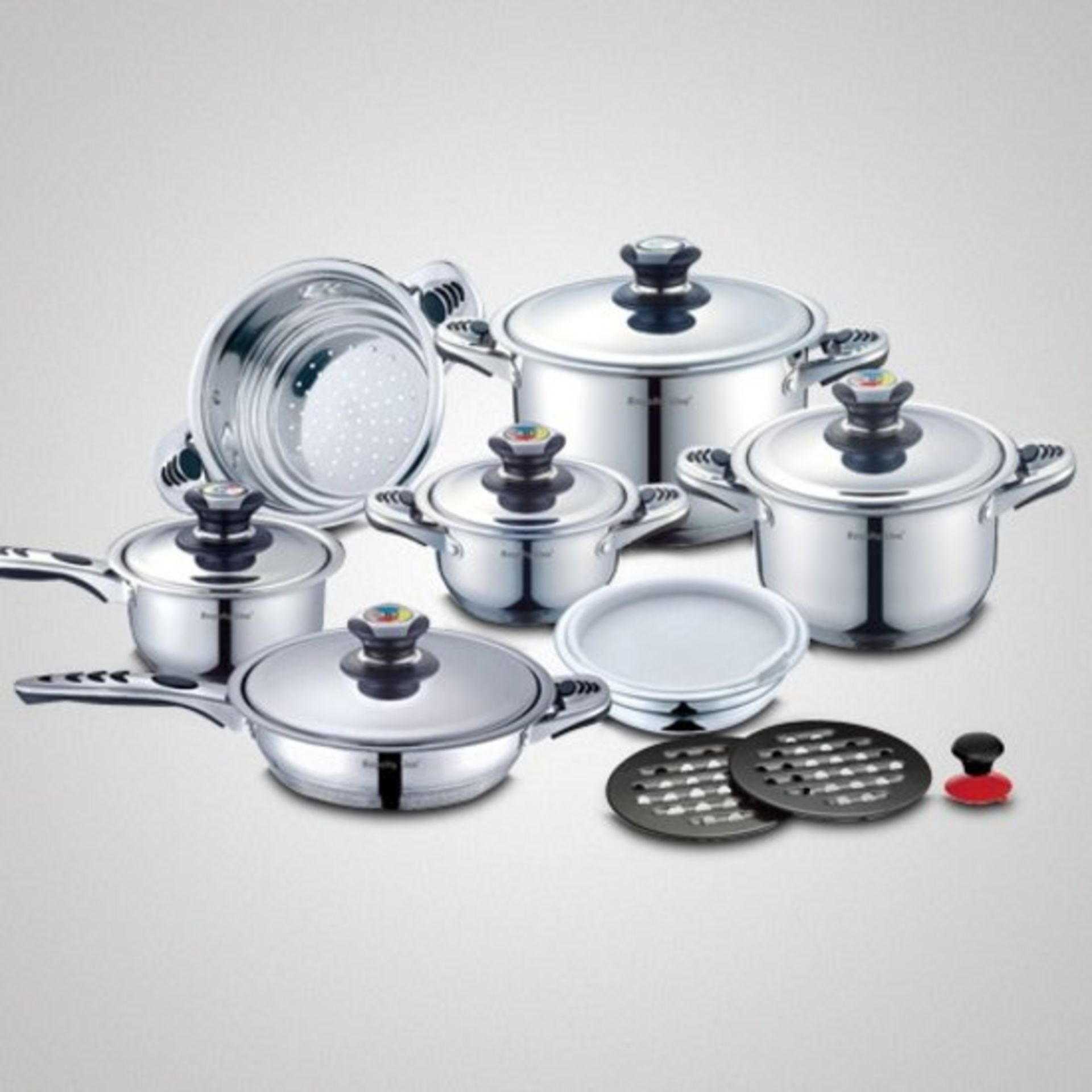 V Brand New 16 Piece Stainless Steel Cookware Set Suitable For All Types Of Stoves - 3 Casserole