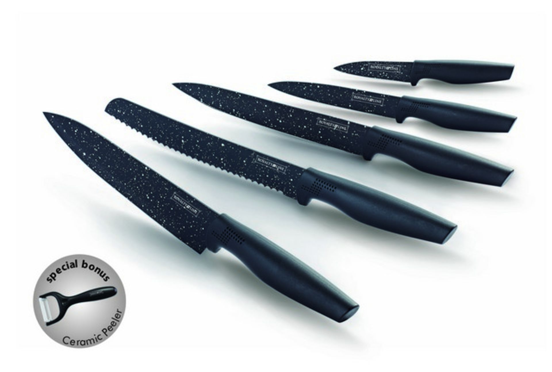 V Brand New Six Piece Non-Stick Coating Knife Set Including 8 Inch Chef Knife - 8 Inch Bread Knife -