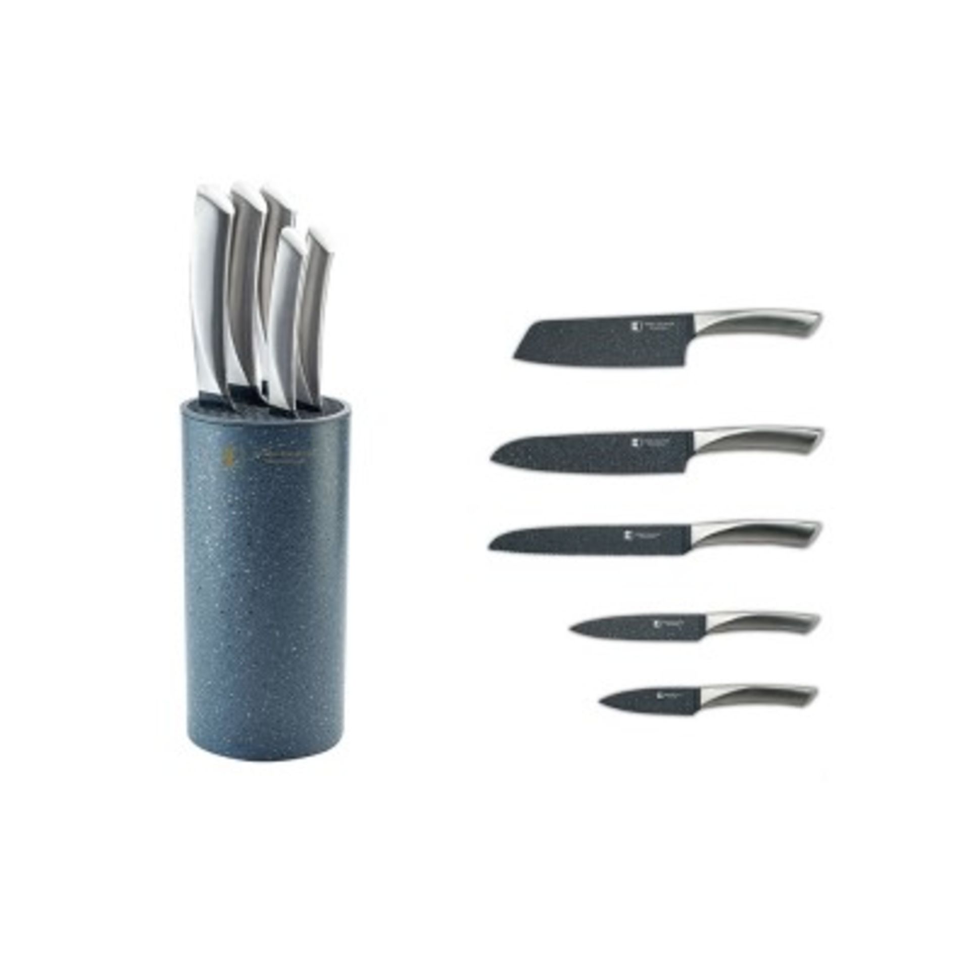 V Brand New Five Piece Metal Handled Knife Set In Utensil Holder Including 6" Carving Knife - 8"