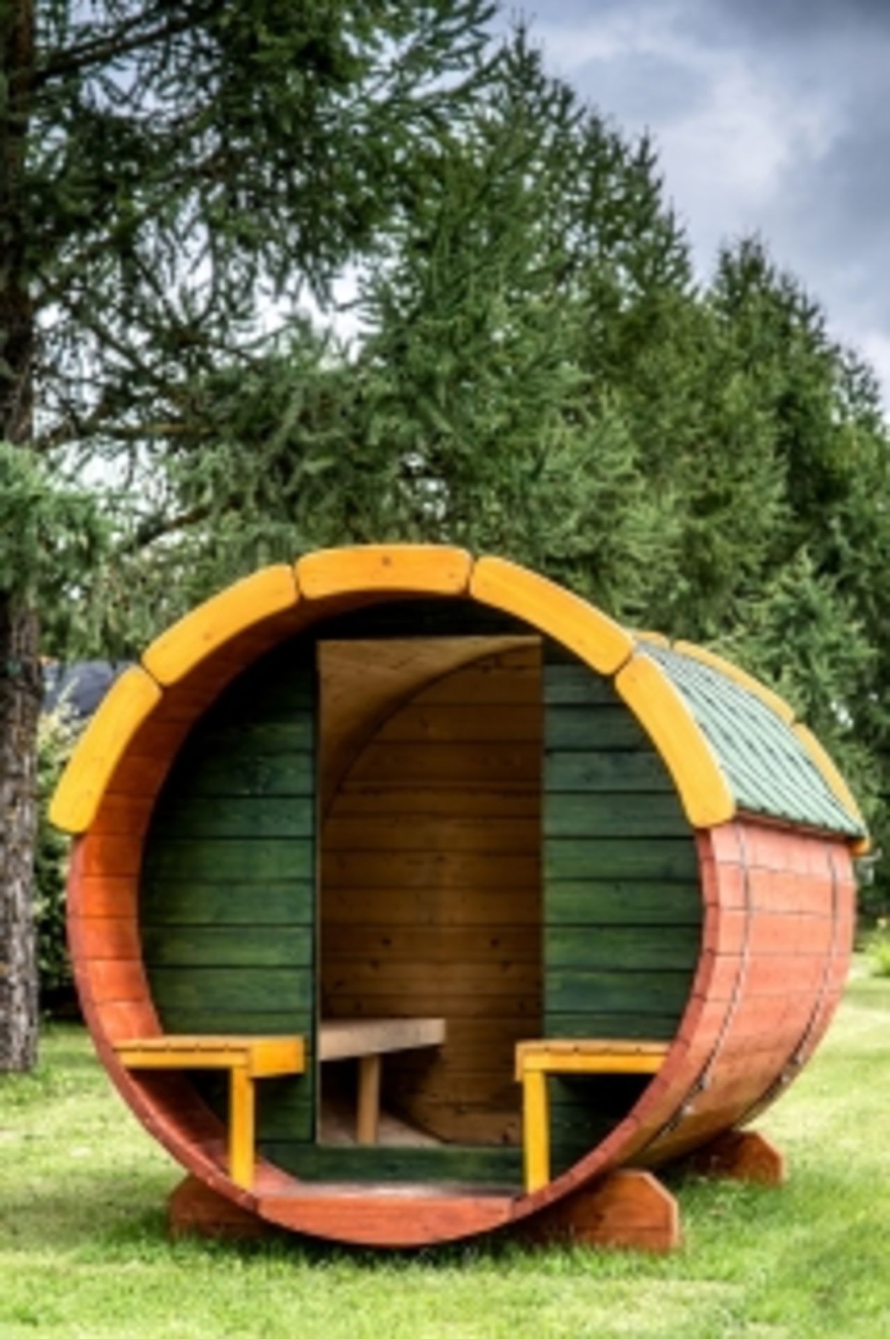 V Brand New 2.73m sq Childrens Playground Barrel made from spruce with bitumen roof shingles - Comes