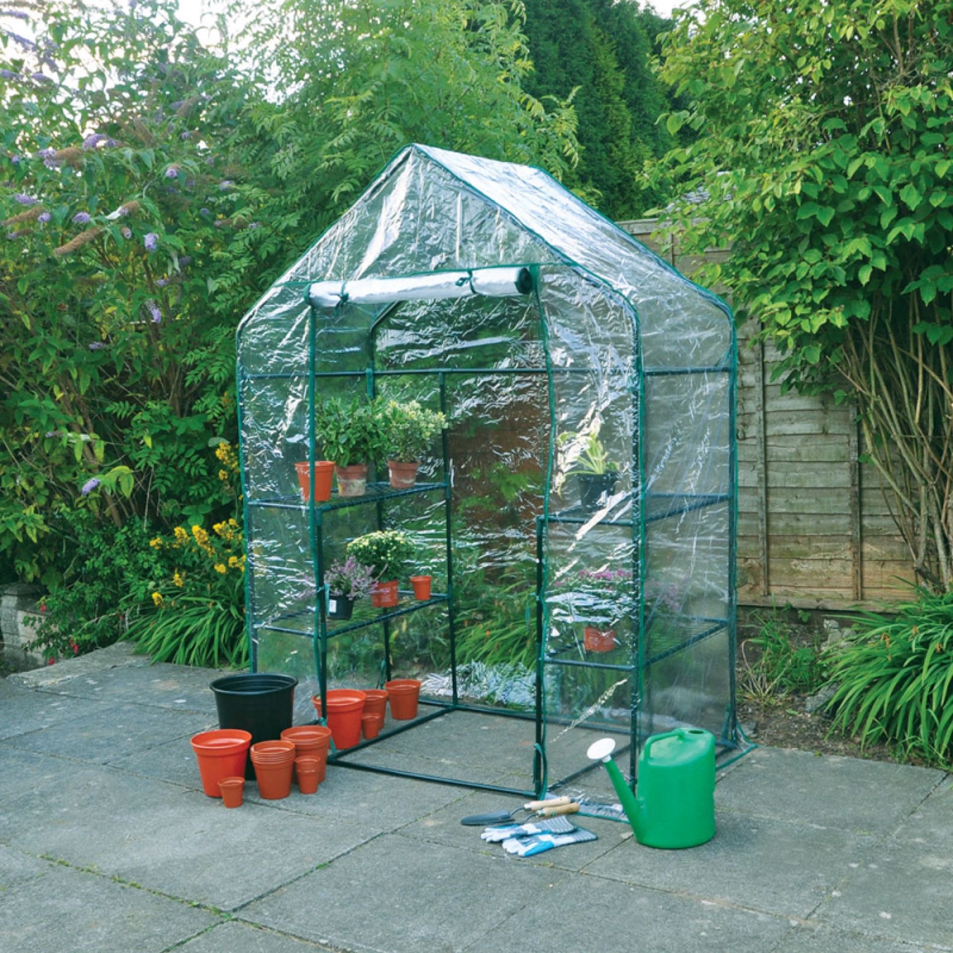 V Brand New Walk In Greenhouse With Four Shelves - Roll Up Door With Zip Fastners