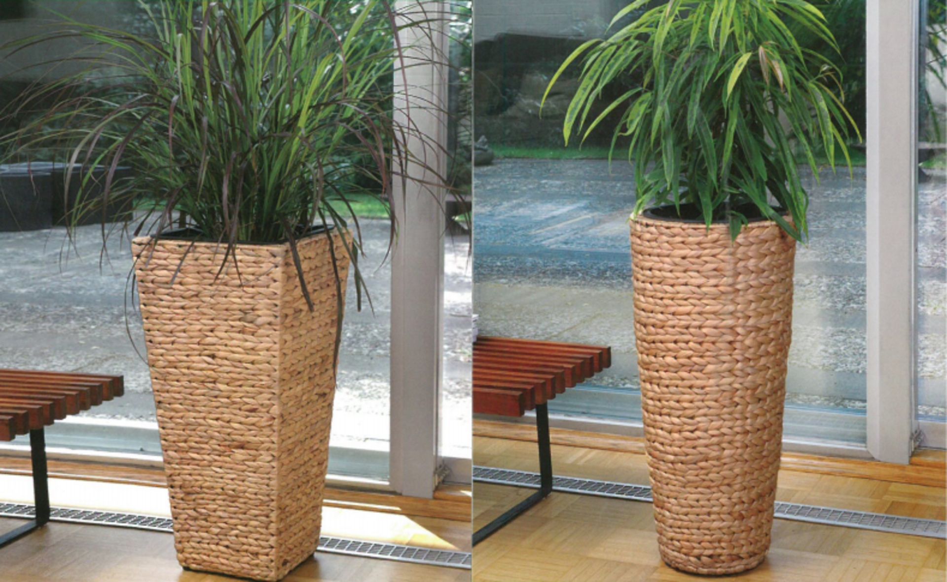 V Brand New 60cm Rattan Weave Ceramic Planter - With Removable Planting Bin - Feet for Floor