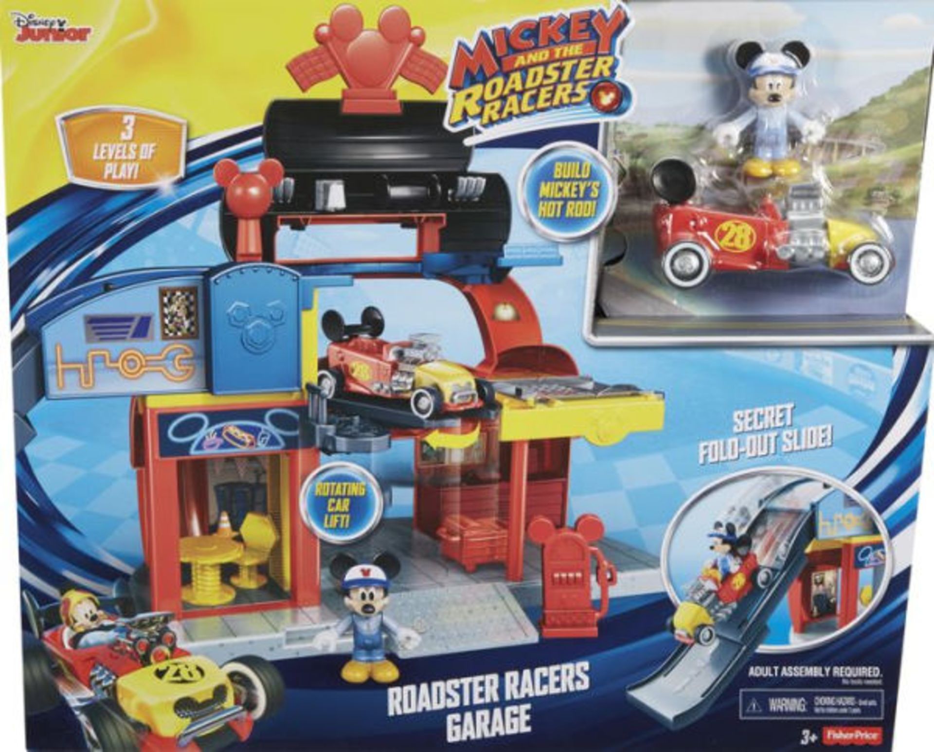 V Brand New Disneys Mickey and the Roadster Racers Garage - 3 Levels of Play - Rotating Car Lift -