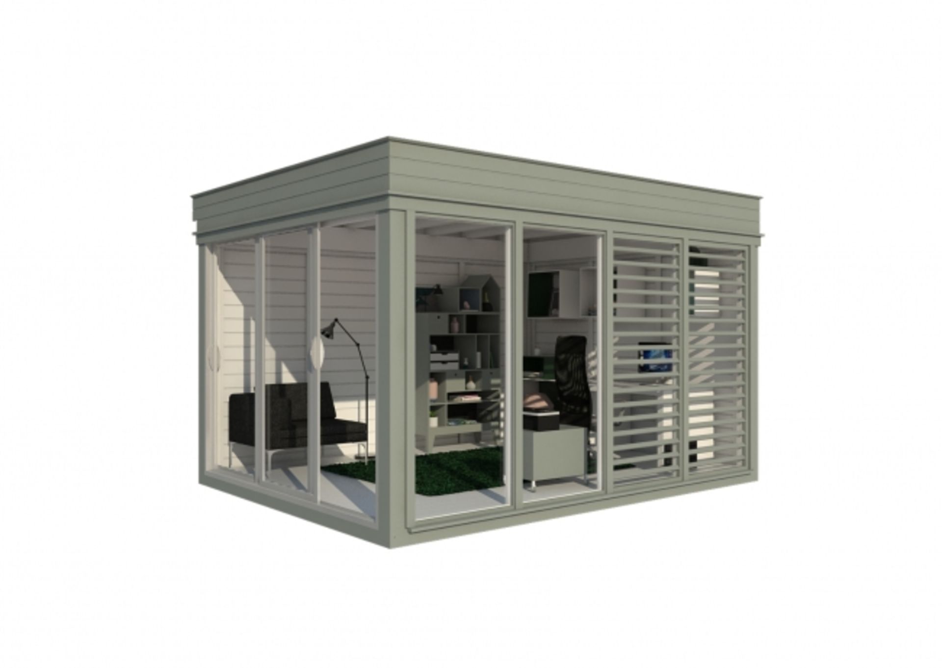 V Brand New Insulated Garden Office Cube (3m x 4m) With Glass Sliding Doors - Sunscreen Sections -