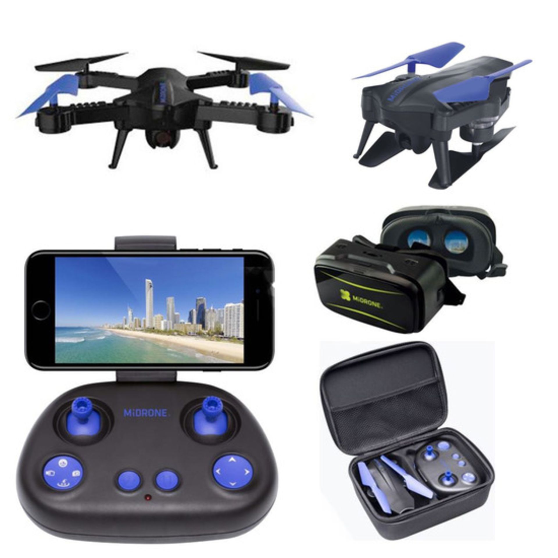 V Brand New MiDrone HD WiFi Drone With Intergrated Full HD Camera PLUS VR Kit (Goggles & Case)