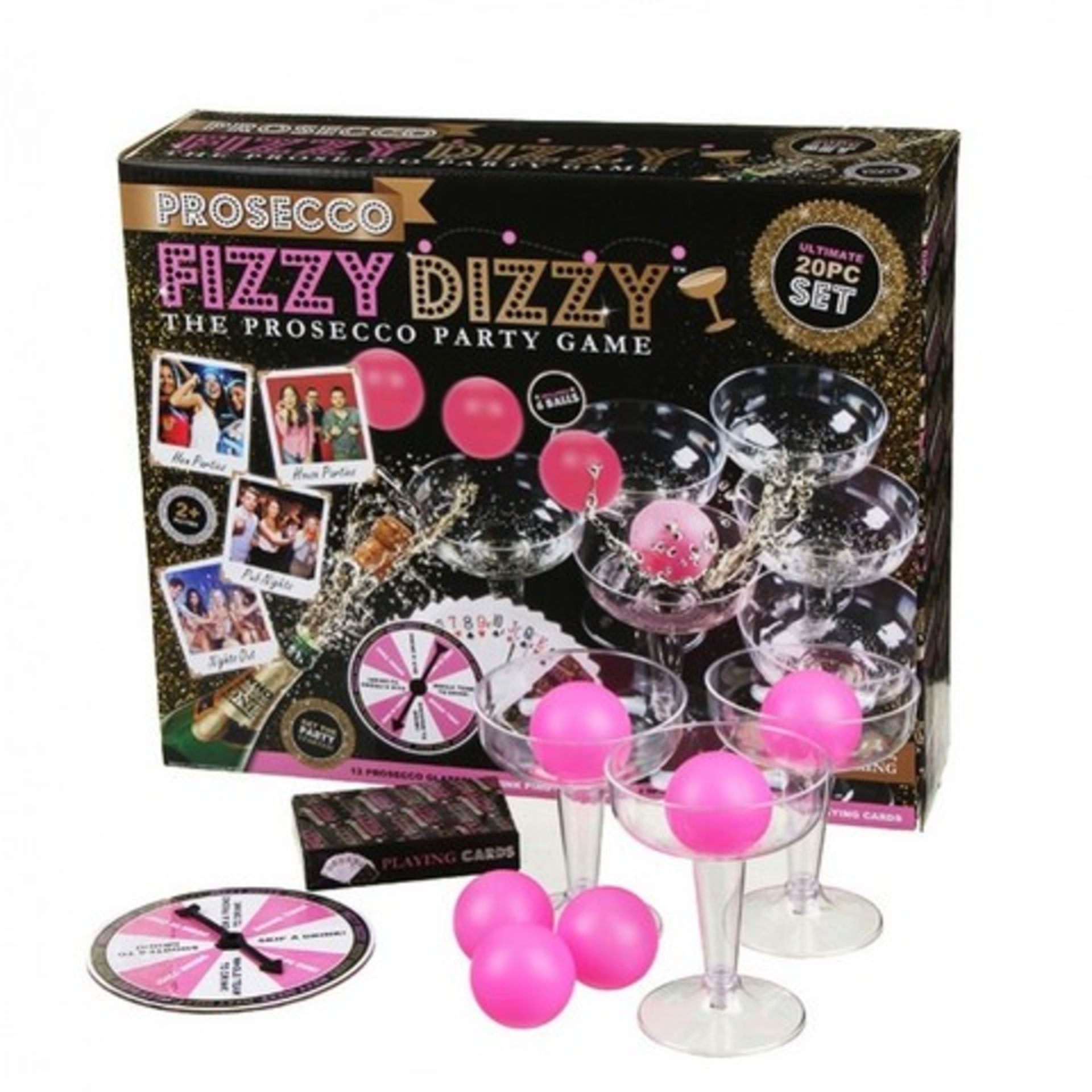 V Brand New Ultimate 20pce Fizzy Dizzy Prosecco Party Game - Includes Prosecco Glasses - Pink Ping