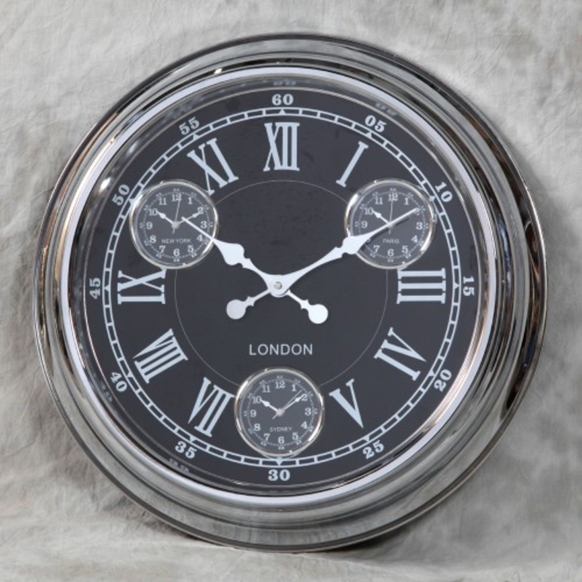 V Brand New Big Multi Dial Wall Clock - Chrome With Black Face - ISP £98 (The House In Town)