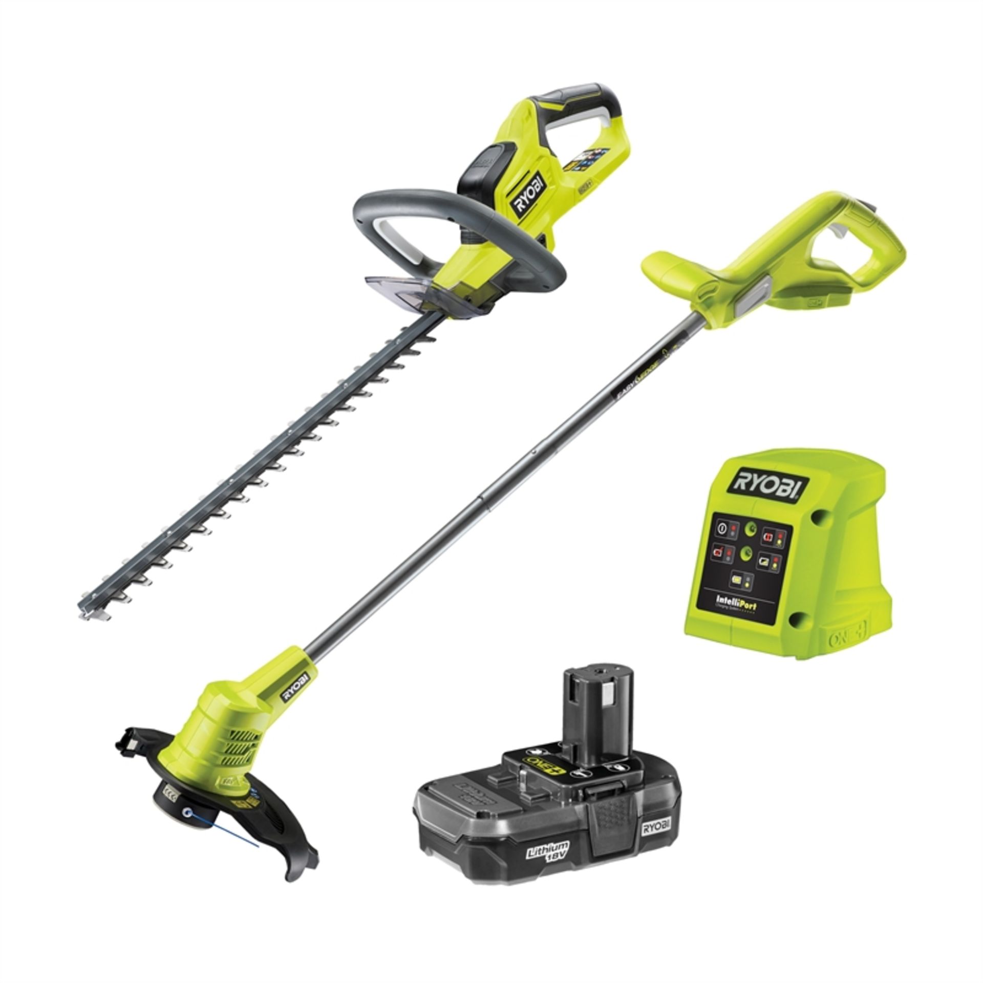 V Brand New Ryobi One+ 18V Cordless Grass Trimmer & Cordless Hedge Trimmer Set - Lightweight Design