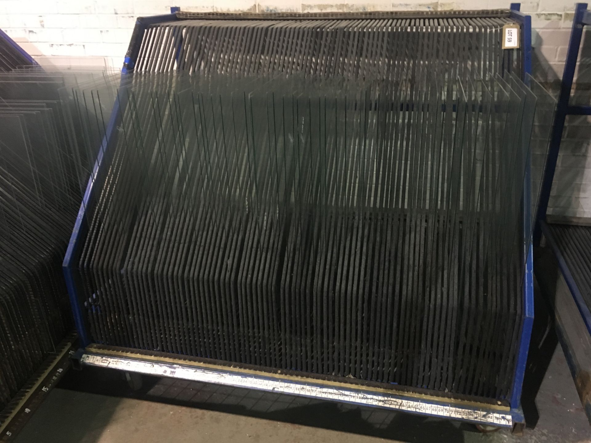 Steel fabricated 'toastie rack' multi-sheet glass process trolley, 1.65 m x 1.3 m (blue)