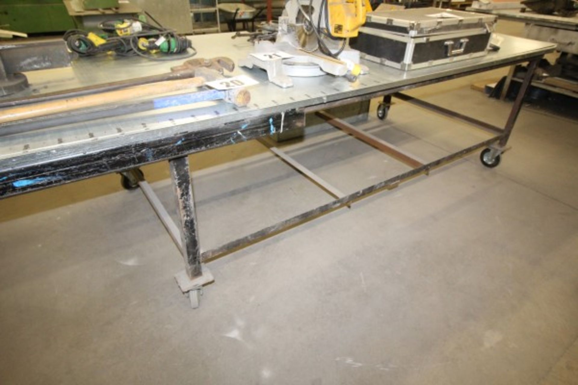 STEEL FABRICATED WORK BENCH WITH GALVANISED SHEETS TO TOP, 50INCH x 10FT. LOAD-OUT CHARGE £20.00