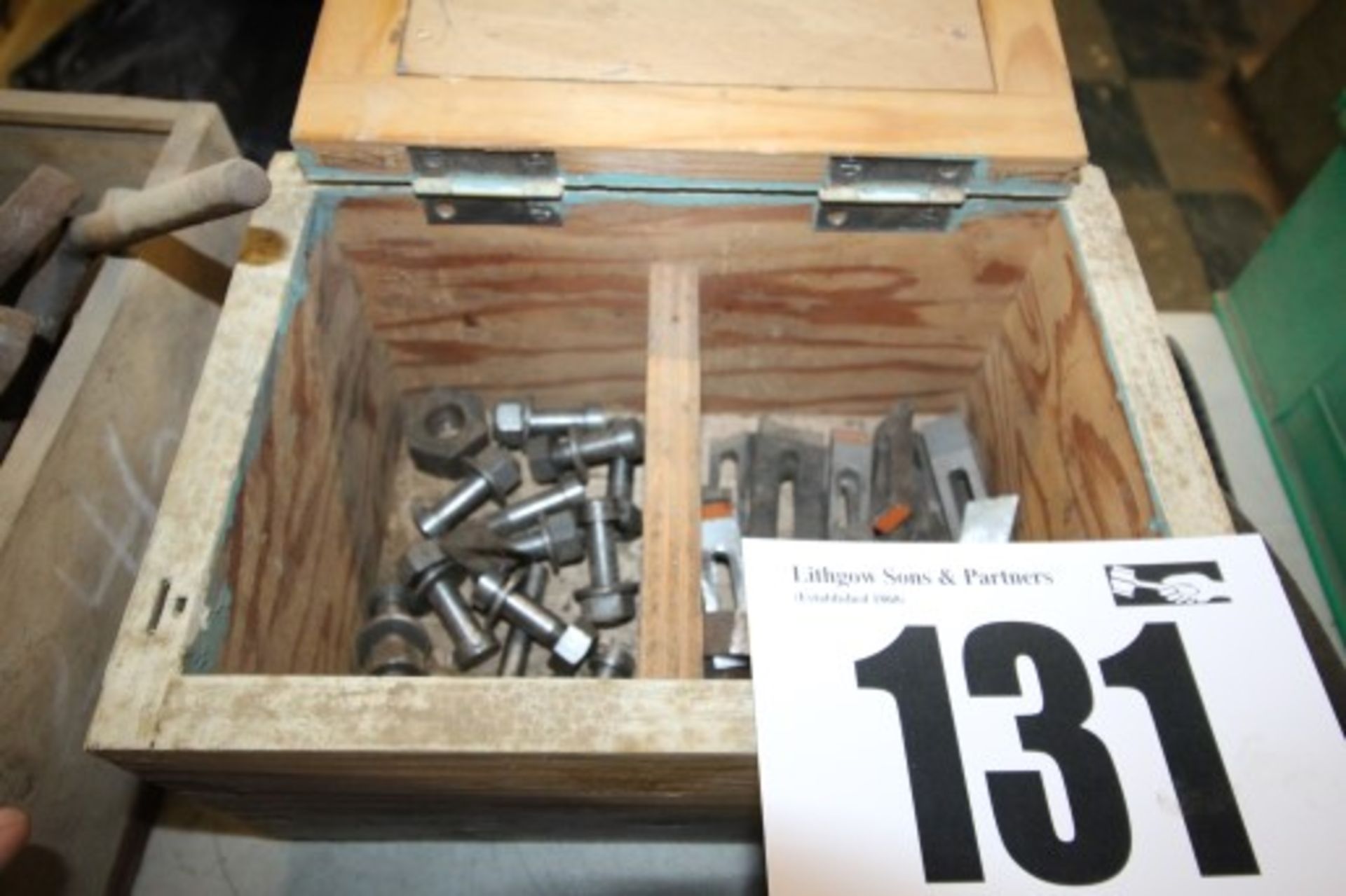 WOODEN BOX & CONTENTS OF CUTTER BLADES & BOLTS