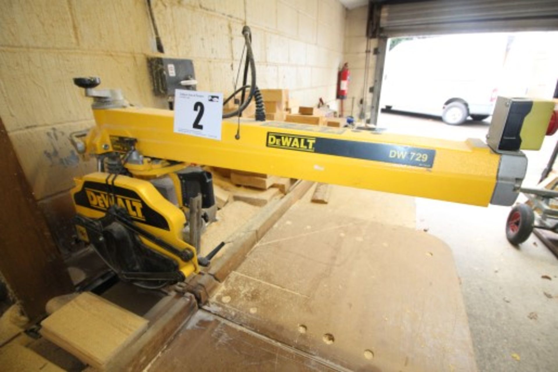 FLOOR STANDING DEWALT DW729 CROSS CUT SAW, SERIAL NUMBER 00068, TYPE A2, 3-PHASE ELECTRIC