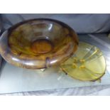 Two mid-century Amber coloured glass bowls. 1 light Amber coloured bowl in the Art Deco design along