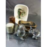 Antique treen snuff box along with two others (one topped with mother of pearl) and three trinket