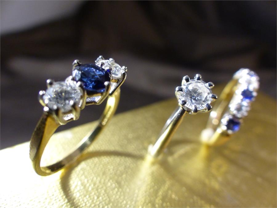 3 Size UK - 'M' and USA - '6' Dress Rings. (1) 14K Sapphire and CZ 3 stone Ring. (2) 14K Sapphire - Image 2 of 6