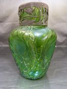 Art Nouveau Loetz style web design vase in iridescent green with original metal colour.Collar