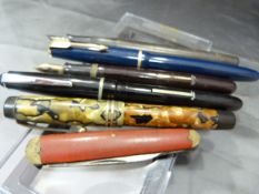 Five Fountain pens and a pen knife - Pens consist of Swan 3 14ct nib, Mabie Todd & Co Self filler