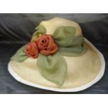 Mulberry England, a pair of vintage wide-brimmed straw summer hats c.1980 with bow and floral