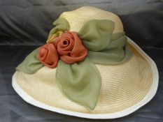 Mulberry England, a pair of vintage wide-brimmed straw summer hats c.1980 with bow and floral