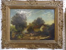 Rev. R Woodley 1848 - Signed and dated verso on canvas of a farm scene with two figures to middle.