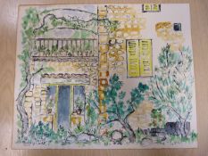 Pen and Ink with watercolour, signed Rakoczi '68, titled to reverse 'The Studio Door'