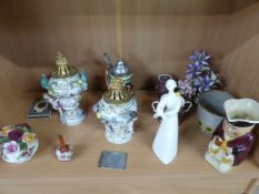 Two Derby china works Urns with metal covers (A/F) along with a selection of collectable pottery