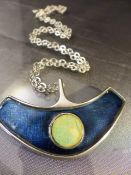 Sterling Silver contemporary Enamel and Pectolite pendant and Chain in the 1960's by Designer for