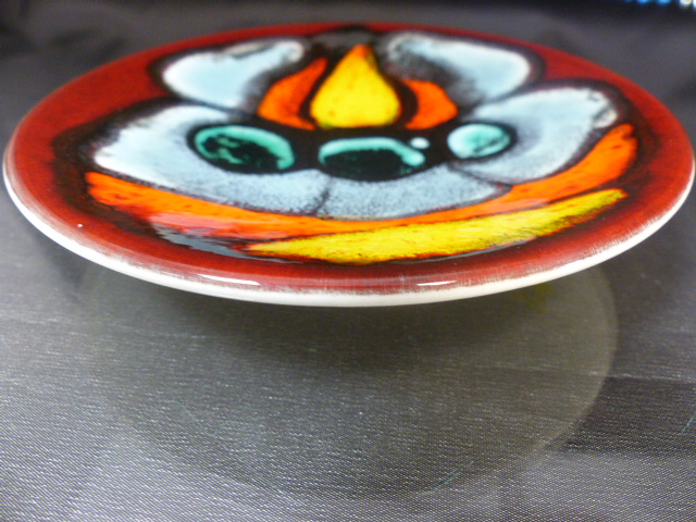 Poole Pottery shape 49 Delphis pin dish decorated with an abstract motif in tones of blue green, red - Image 2 of 8