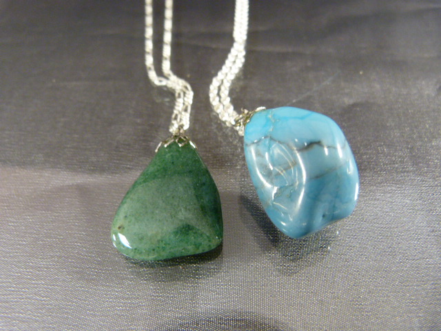 Large rough cut polished turquoise pendant on a Silver Belcher chain along with another green - Image 2 of 4