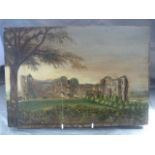 Naive painting of a Welsh castle on wood panel. c.1900's