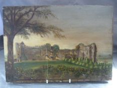 Naive painting of a Welsh castle on wood panel. c.1900's