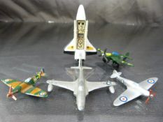 Five Diecast aeroplanes to include - Corgi Space Shuttle, Dinky Shooting star, Dinky Spitfire, Dinky