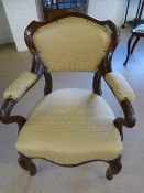 Mahogany framed open arm bedroom chair with castors (one missing)