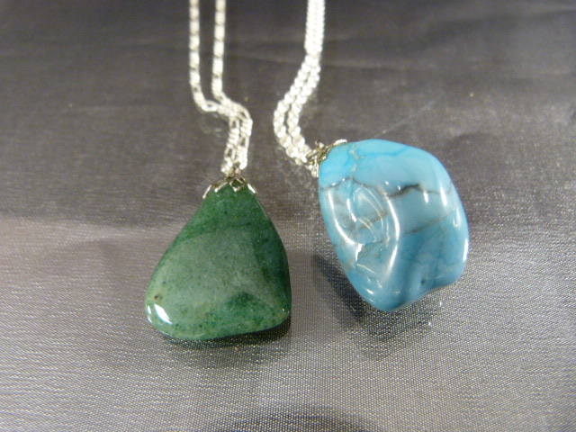 Large rough cut polished turquoise pendant on a Silver Belcher chain along with another green - Image 4 of 4