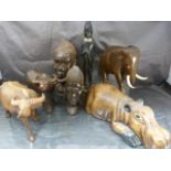 Carved African Hardwood - To include two carved water Buffalo one bearing label Mabuhay Treasure