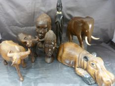 Carved African Hardwood - To include two carved water Buffalo one bearing label Mabuhay Treasure