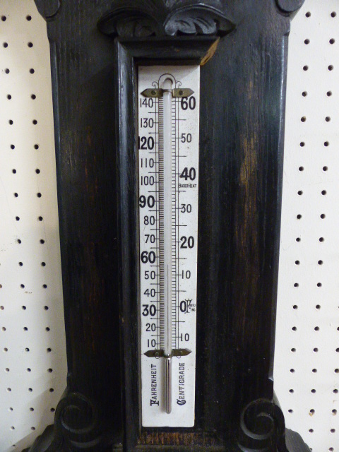 Carved oak Aneroid Victorian Barometer in the architectural style with foliate carved panels. The - Image 7 of 8