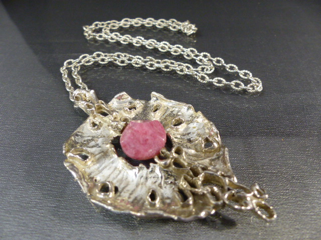 Silver (Birmingham 1970) Contemporary Pendant and Chain with an H.S designer stamp in a 'leaf'