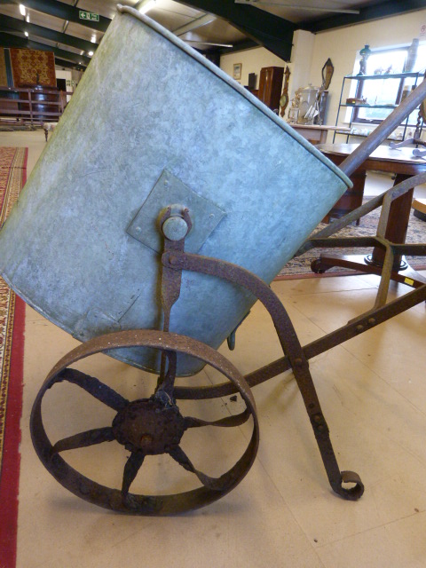 Large oval shaped galvanised water tank on antique cast iron frame with wheels - Image 6 of 7