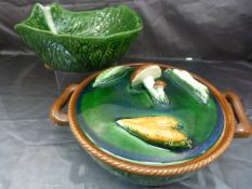 Belgium Tellerite Majolica Dish and Cover. The Handle in the form of a mushroom, along with carrots,