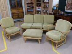 Blonde Beech Ercol three piece cottage suite of hoopback and stickback design all with new