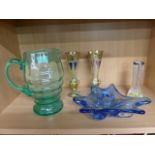 Blue and clear glass splash bowl , pair of coloured handpainted bud vases and a silver topped cut