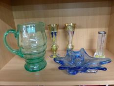 Blue and clear glass splash bowl , pair of coloured handpainted bud vases and a silver topped cut