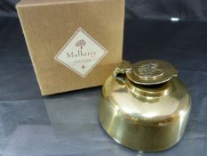 Brass Mulberry Inkwell in 'Teak' box, with etching to bottom 'Mulberry, Made in England'. Company