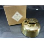 Brass Mulberry Inkwell in 'Teak' box, with etching to bottom 'Mulberry, Made in England'. Company