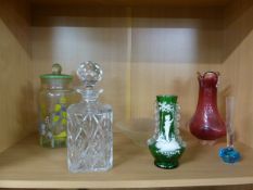 Collection of coloured glassware to include a handpainted barrel and cover, possible Whitefriars