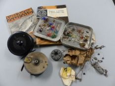 Fishing - to include lead weights and feathered lures in vintage tin, Allcock Aerialite reel and a