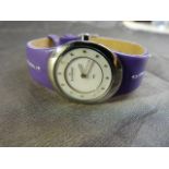 Ladies Skagen (Denmark) purple leather and steel Wristwatch set with CZ stones to band and face.